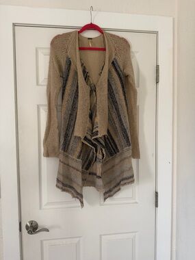 Free People Beige and Navy Striped Open-Front Cardigan